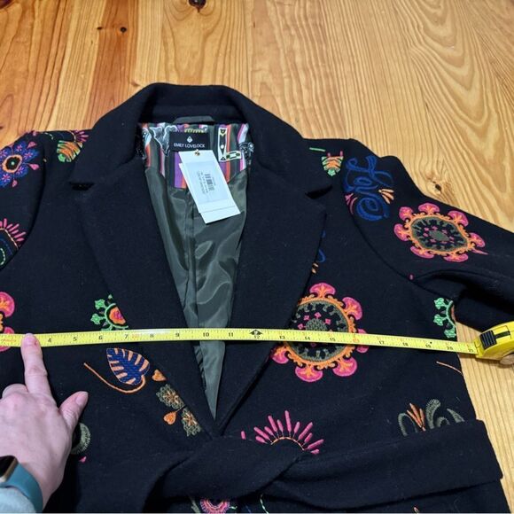 NWT Emily Lovelock Deborah Coat Black Embroidered Floral Love Size SM Wool Blend - Picture 12 of 16